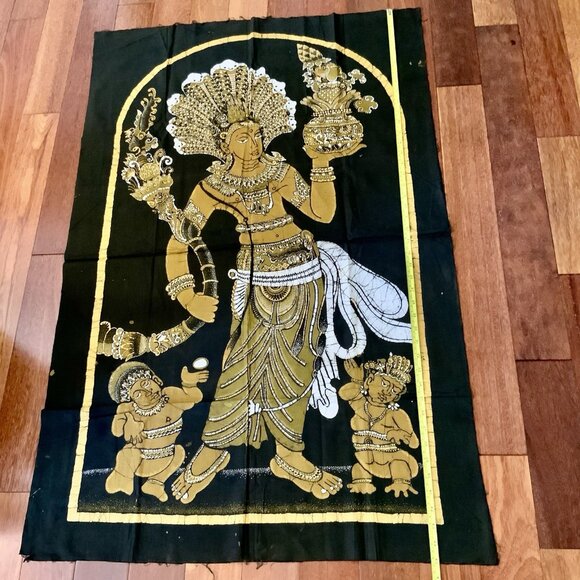 Vintage Batik Tapestry – Hindu Goddess & Attendants – Gold on Brown 30” x 45” - Picture 6 of 12